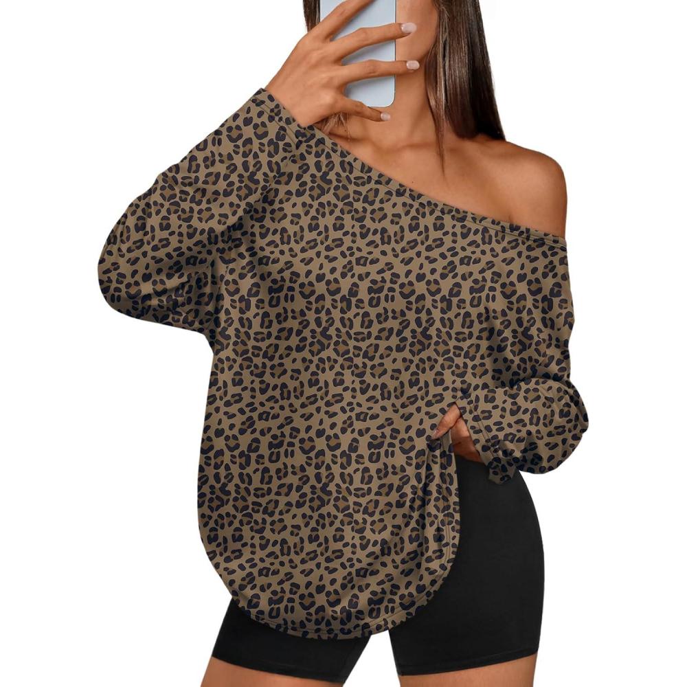 imageTrendy Queen Womens Off The Shoulder Tops Oversized Tshirts Long Sleeve 2025 Casual Basic TeesLeopard