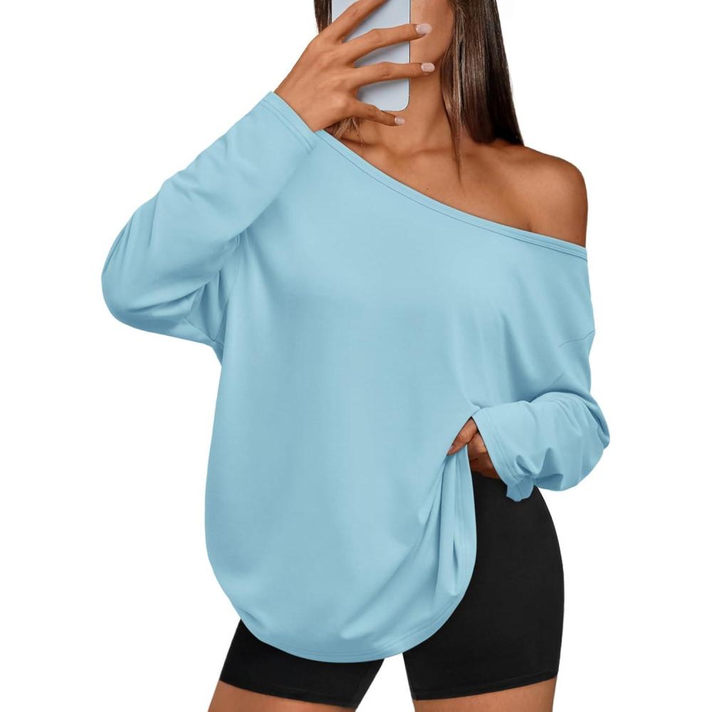 imageTrendy Queen Womens Off The Shoulder Tops Oversized Tshirts Long Sleeve 2025 Casual Basic TeesLight Blue
