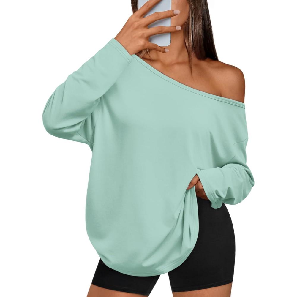 imageTrendy Queen Womens Off The Shoulder Tops Oversized Tshirts Long Sleeve 2025 Casual Basic TeesMint Green