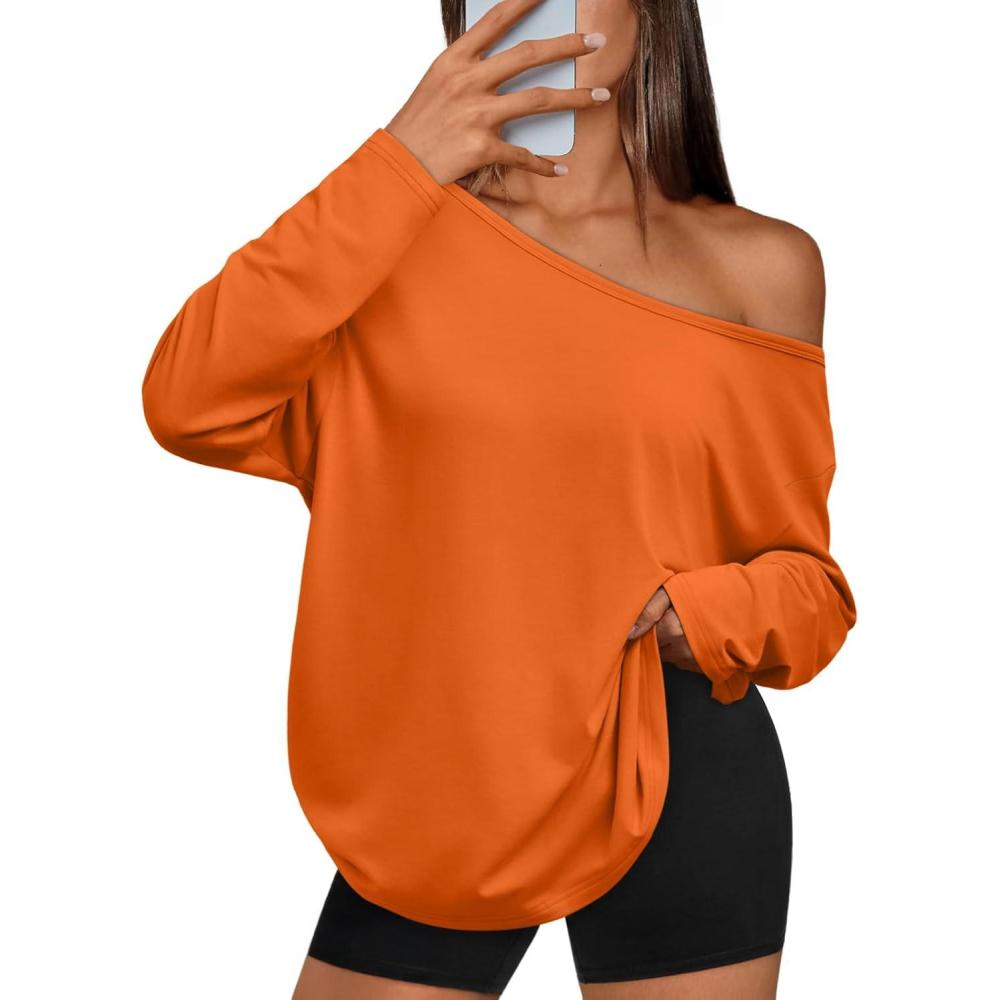 imageTrendy Queen Womens Off The Shoulder Tops Oversized Tshirts Long Sleeve 2025 Casual Basic TeesOrange