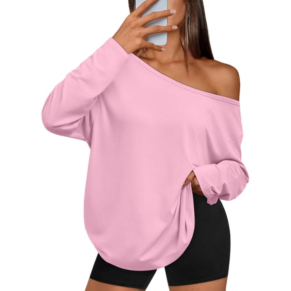 imageTrendy Queen Womens Off The Shoulder Tops Oversized Tshirts Long Sleeve 2025 Casual Basic TeesPink