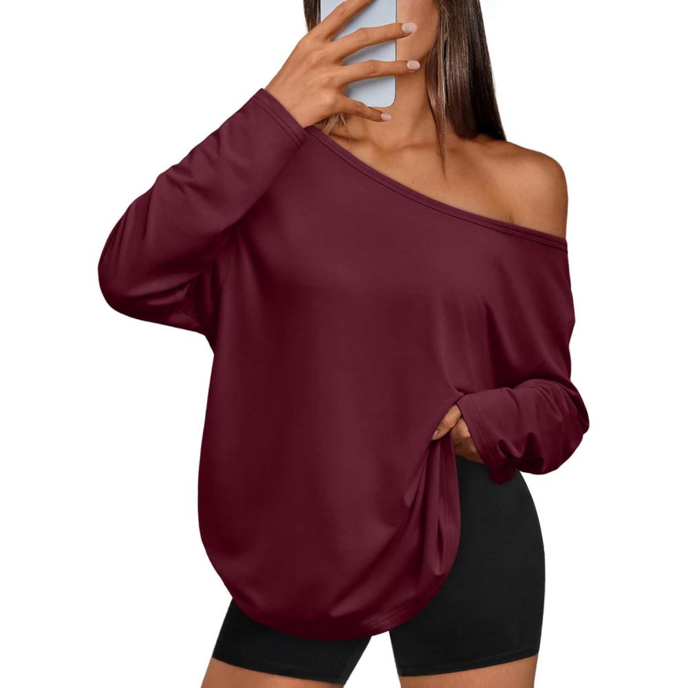 imageTrendy Queen Womens Off The Shoulder Tops Oversized Tshirts Long Sleeve 2025 Casual Basic TeesWinered