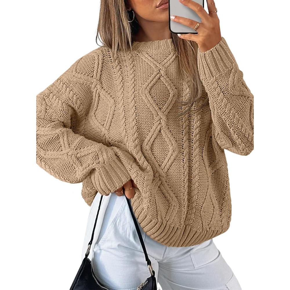imageTrendy Queen Womens Oversized Cable Knit Crewneck SweatersCamel