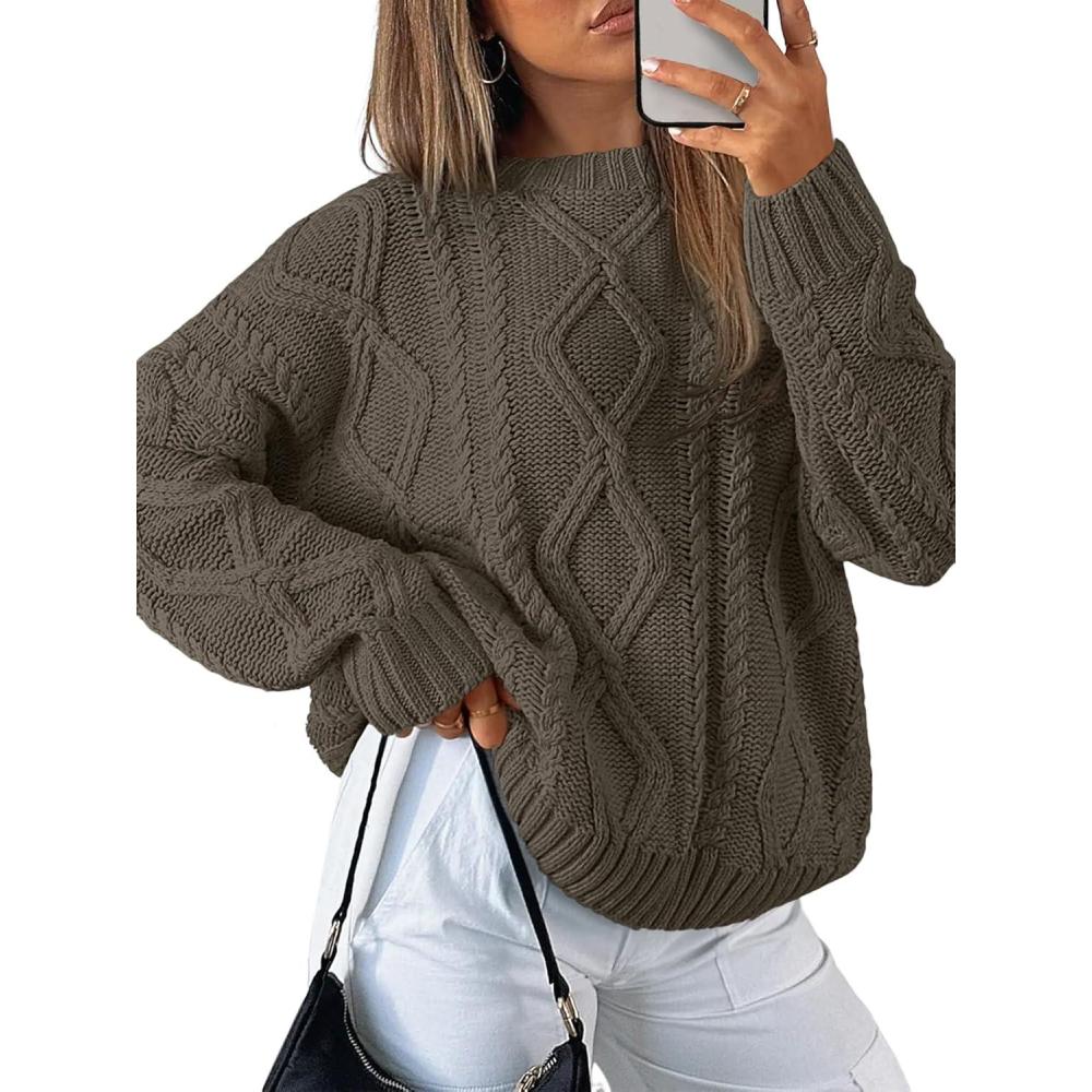 imageTrendy Queen Womens Oversized Cable Knit Crewneck SweatersCedar Brown