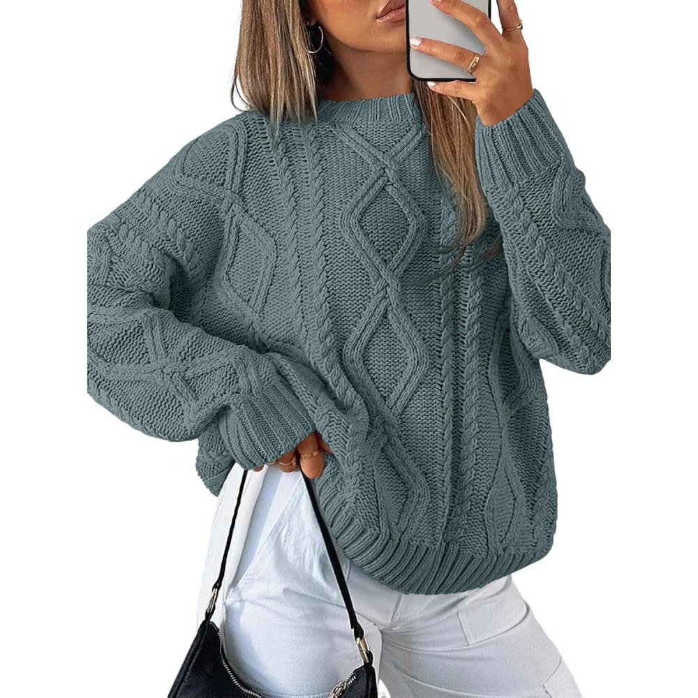 imageTrendy Queen Womens Oversized Cable Knit Crewneck SweatersDark Sage