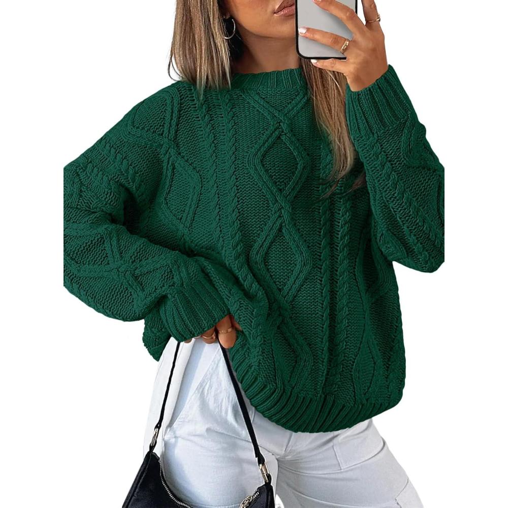 imageTrendy Queen Womens Oversized Cable Knit Crewneck SweatersGreen