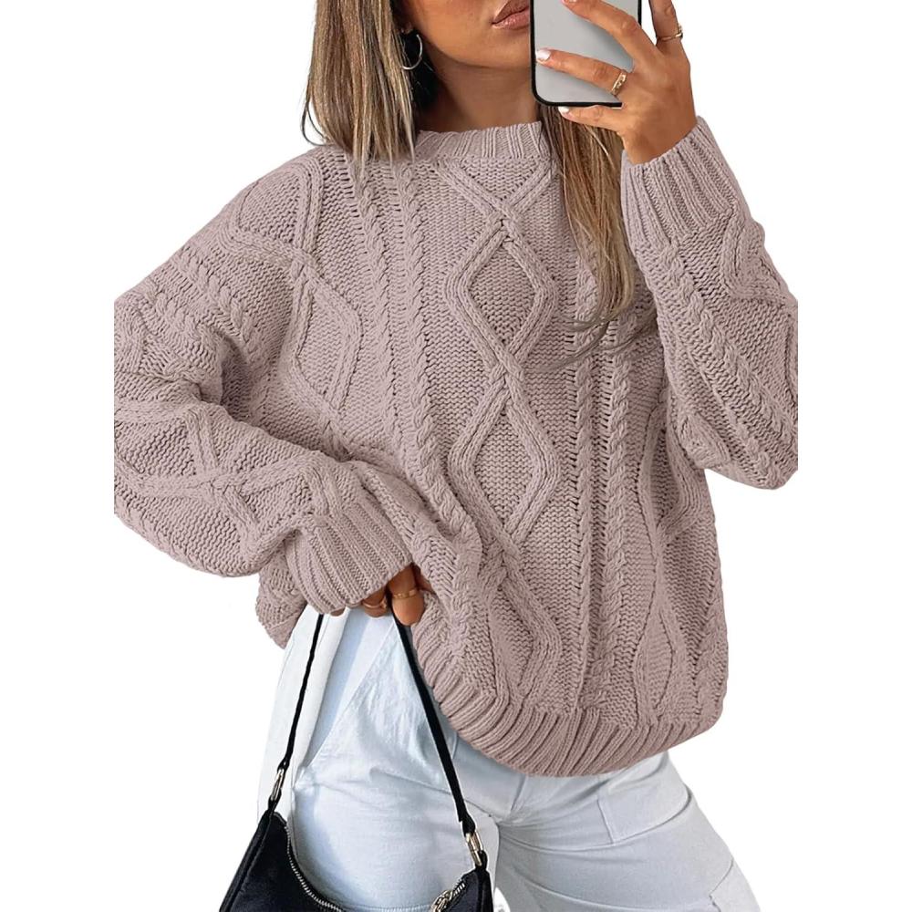 imageTrendy Queen Womens Oversized Cable Knit Crewneck SweatersLight Mauve