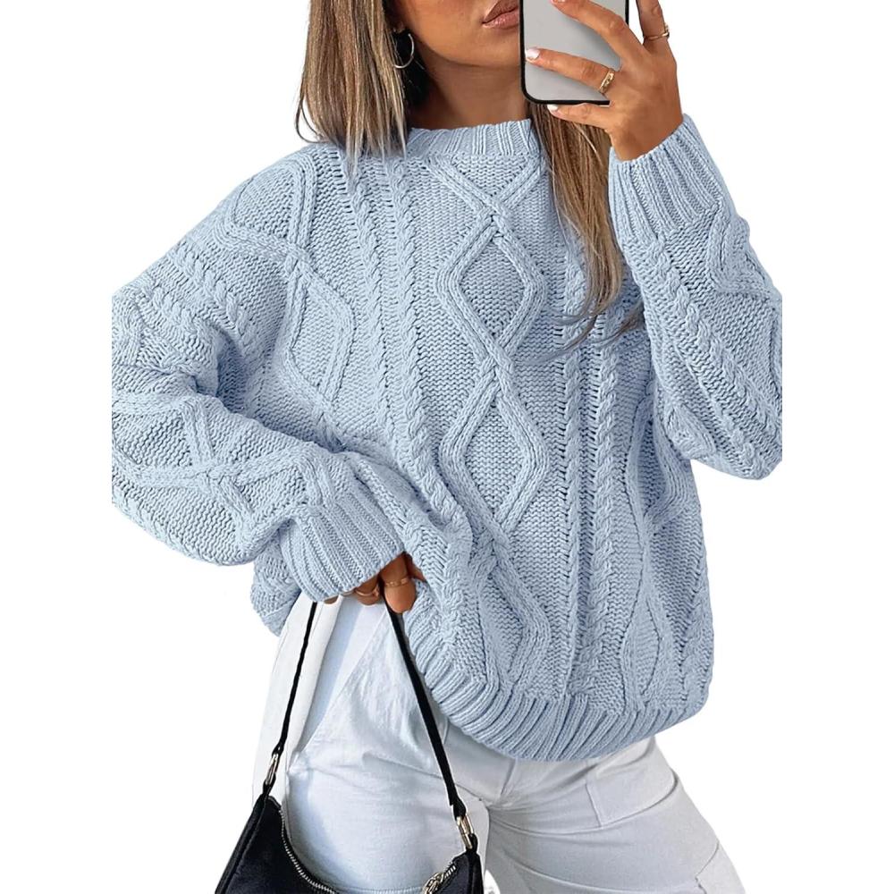 imageTrendy Queen Womens Oversized Cable Knit Crewneck SweatersPastel Blue