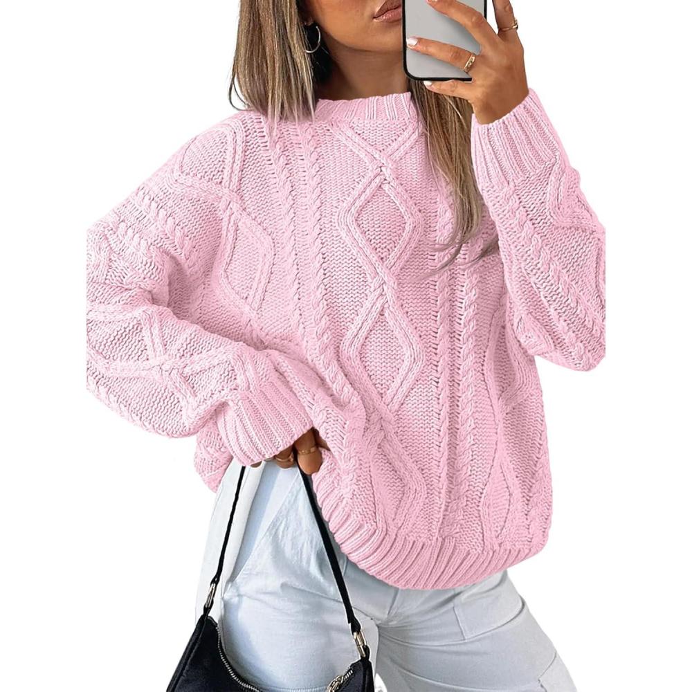 imageTrendy Queen Womens Oversized Cable Knit Crewneck SweatersPastel Pink
