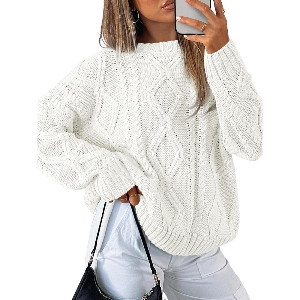 imageTrendy Queen Womens Oversized Cable Knit Crewneck SweatersWhite