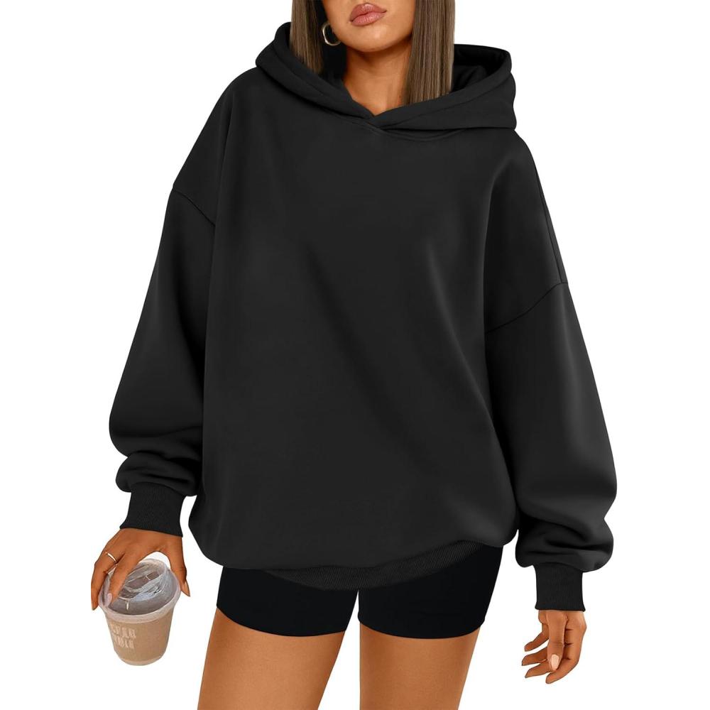 imageTrendy Queen Womens Oversized Hoodies Comfy Sweatshirts Fall Fashion 2025 Outfits Casual Tops Fleece Clothes with PocketsBlack