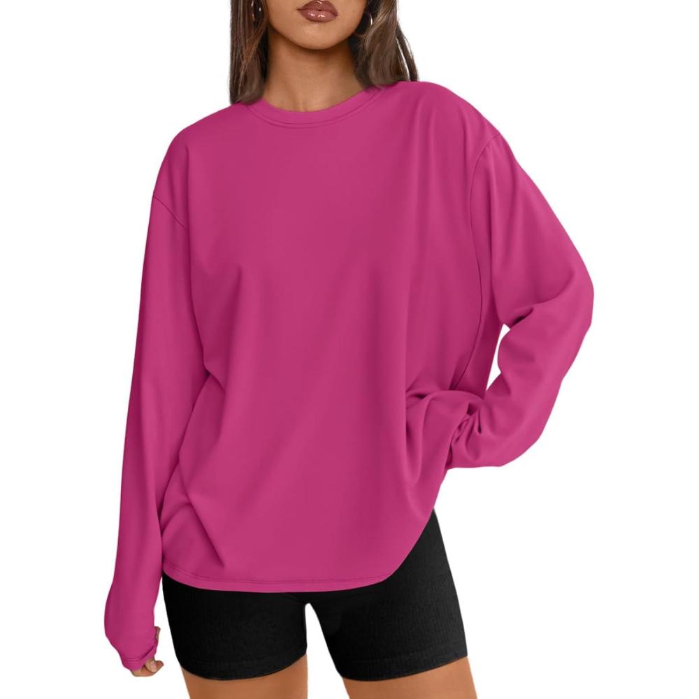 imageTrendy Queen Womens Oversized Long Sleeve T Shirts 2025 Basic Crewneck Tee Fall Tops Casual Workout Y2K ClothesHotpink