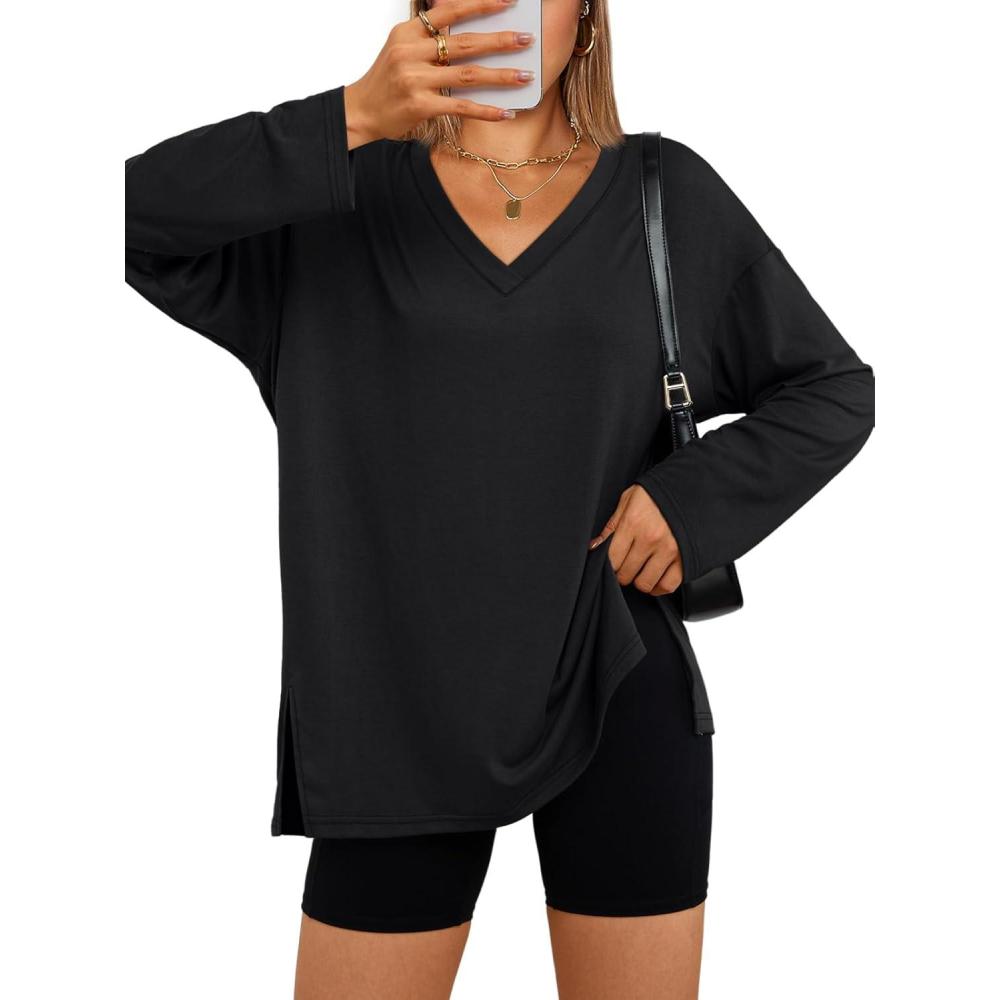 imageTrendy Queen Womens Oversized Long Sleeve T Shirts Side Slit Workout Tops Fall Fashion Plus Size Gym V Neck Basic Y2k TeesBlack