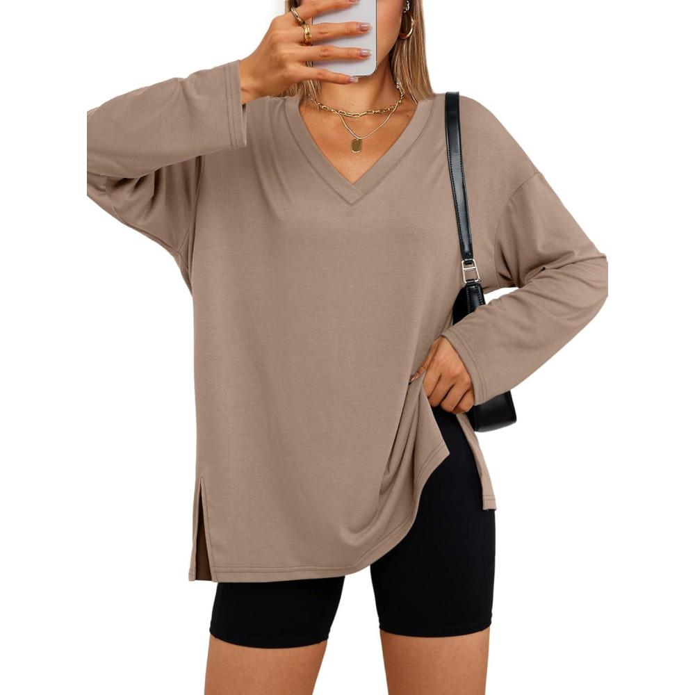 imageTrendy Queen Womens Oversized Long Sleeve T Shirts Side Slit Workout Tops Fall Fashion Plus Size Gym V Neck Basic Y2k TeesKhaki