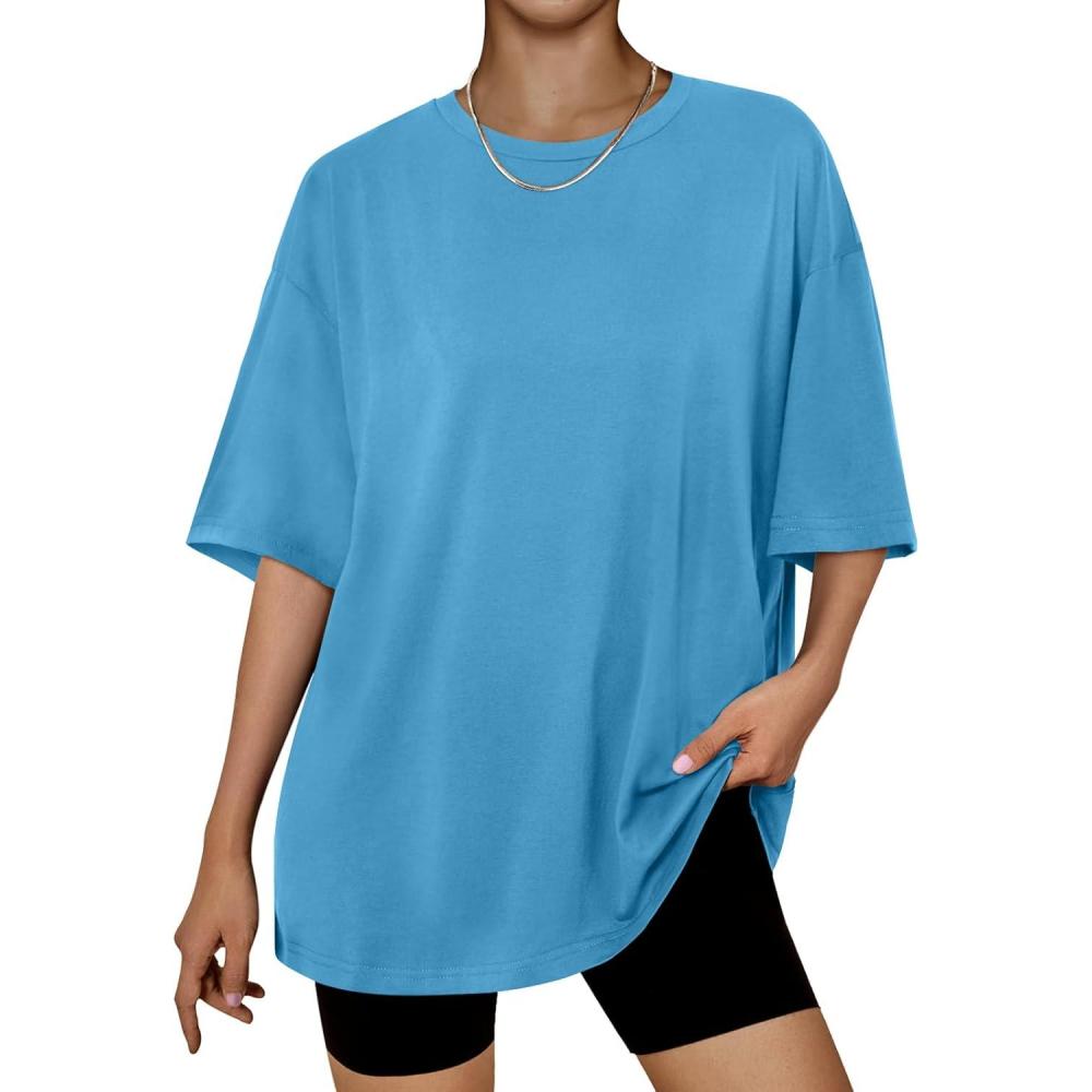 imageTrendy Queen Womens Oversized Summer T Shirts Plus Size Batwing Cute Casual Tops Short Sleeves Fashion Workout ClothesBrightblue