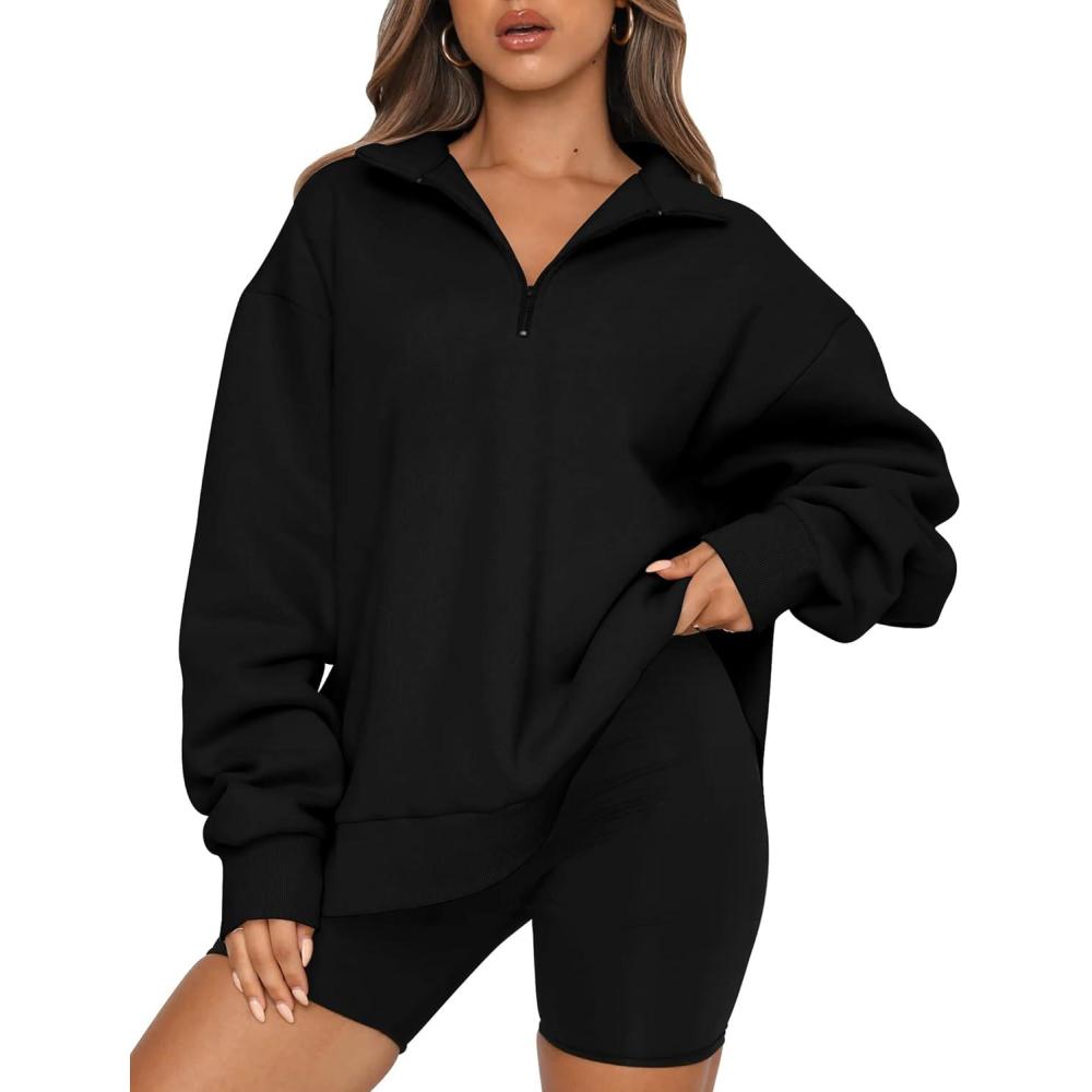 imageTrendy Queen Womens Oversized Sweatshirts Fall Sweaters Fashion Hoodies Half Zip Pullover Long Sleeve Shirts ClothesBlack