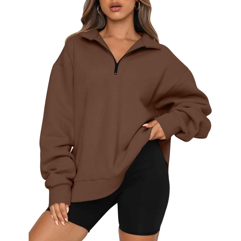 imageTrendy Queen Womens Oversized Sweatshirts Fall Sweaters Fashion Hoodies Half Zip Pullover Long Sleeve Shirts ClothesBrown