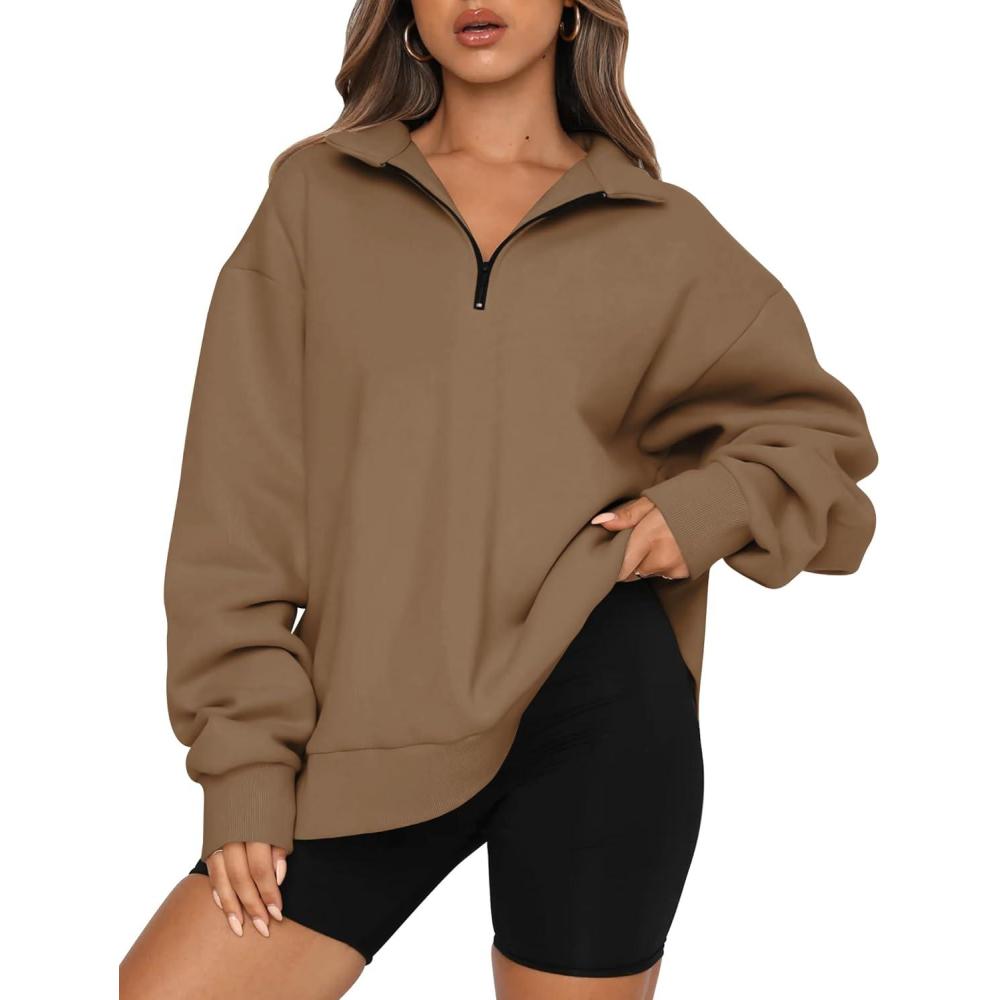 imageTrendy Queen Womens Oversized Sweatshirts Fall Sweaters Fashion Hoodies Half Zip Pullover Long Sleeve Shirts ClothesCoffee