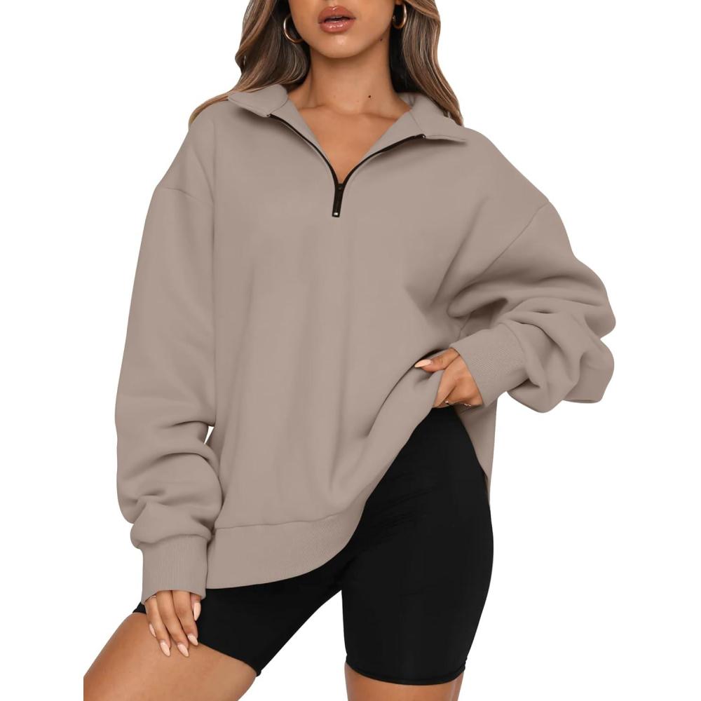 imageTrendy Queen Womens Oversized Sweatshirts Fall Sweaters Fashion Hoodies Half Zip Pullover Long Sleeve Shirts ClothesCoffeegrey