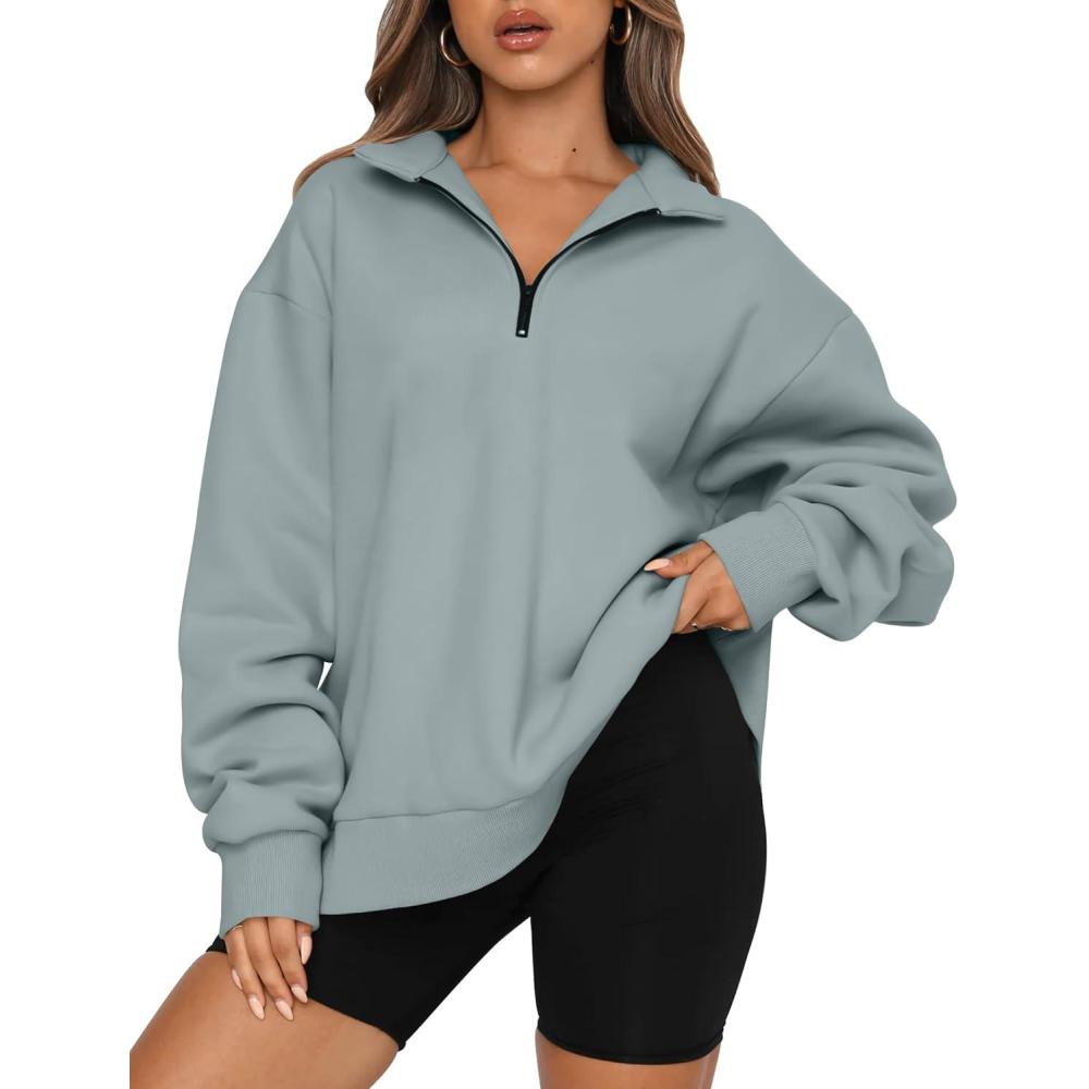 imageTrendy Queen Womens Oversized Sweatshirts Fall Sweaters Fashion Hoodies Half Zip Pullover Long Sleeve Shirts ClothesLightgreen