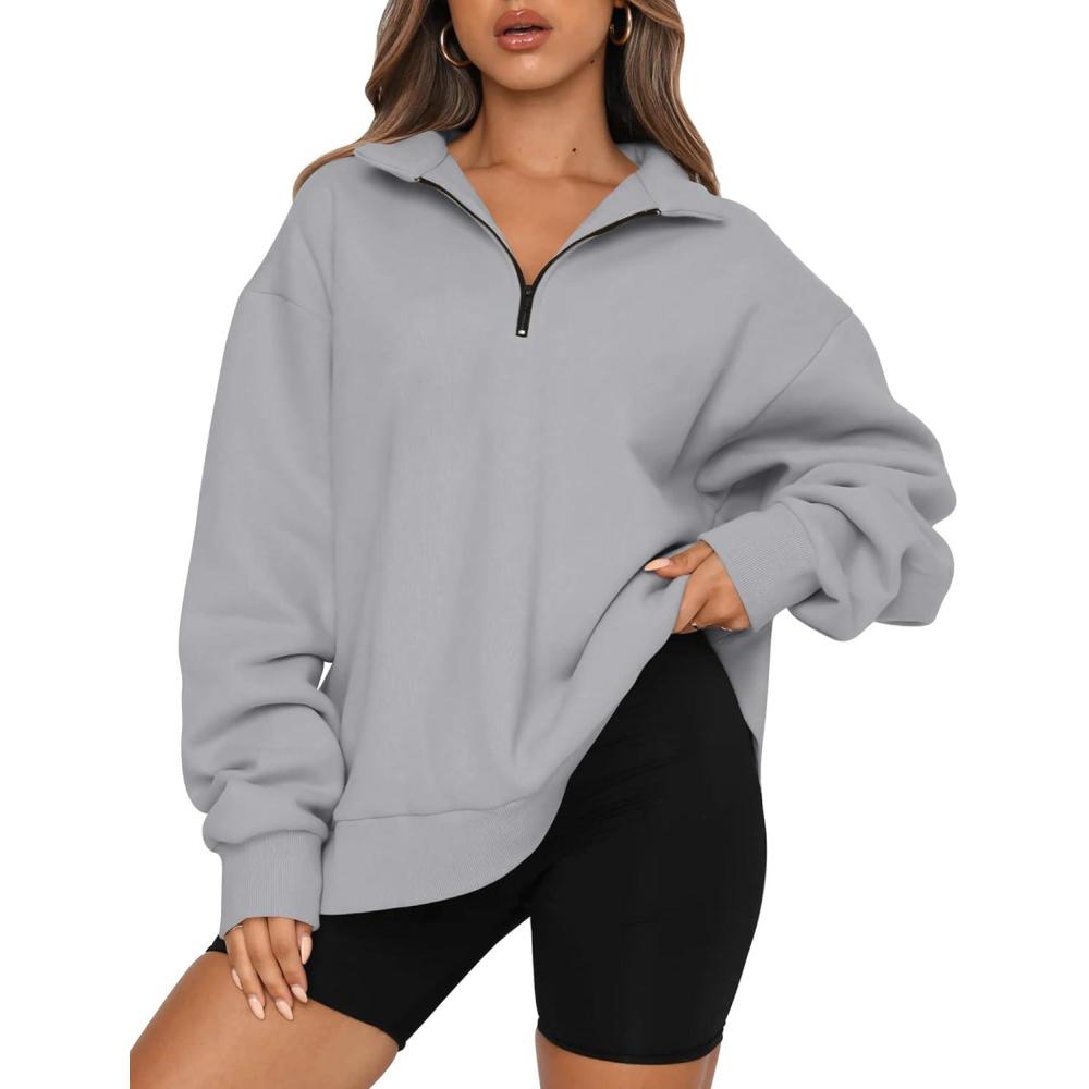 imageTrendy Queen Womens Oversized Sweatshirts Fall Sweaters Fashion Hoodies Half Zip Pullover Long Sleeve Shirts ClothesLightgrey