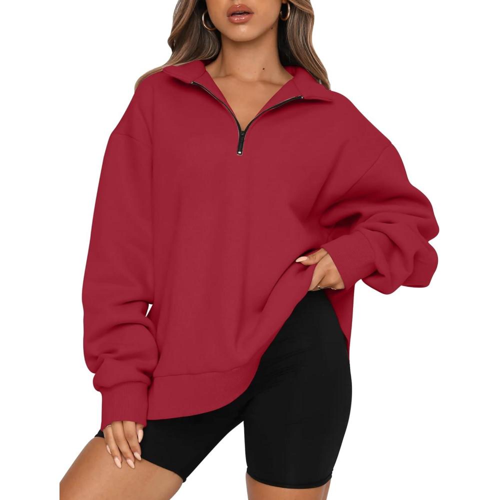 imageTrendy Queen Womens Oversized Sweatshirts Fall Sweaters Fashion Hoodies Half Zip Pullover Long Sleeve Shirts ClothesRed