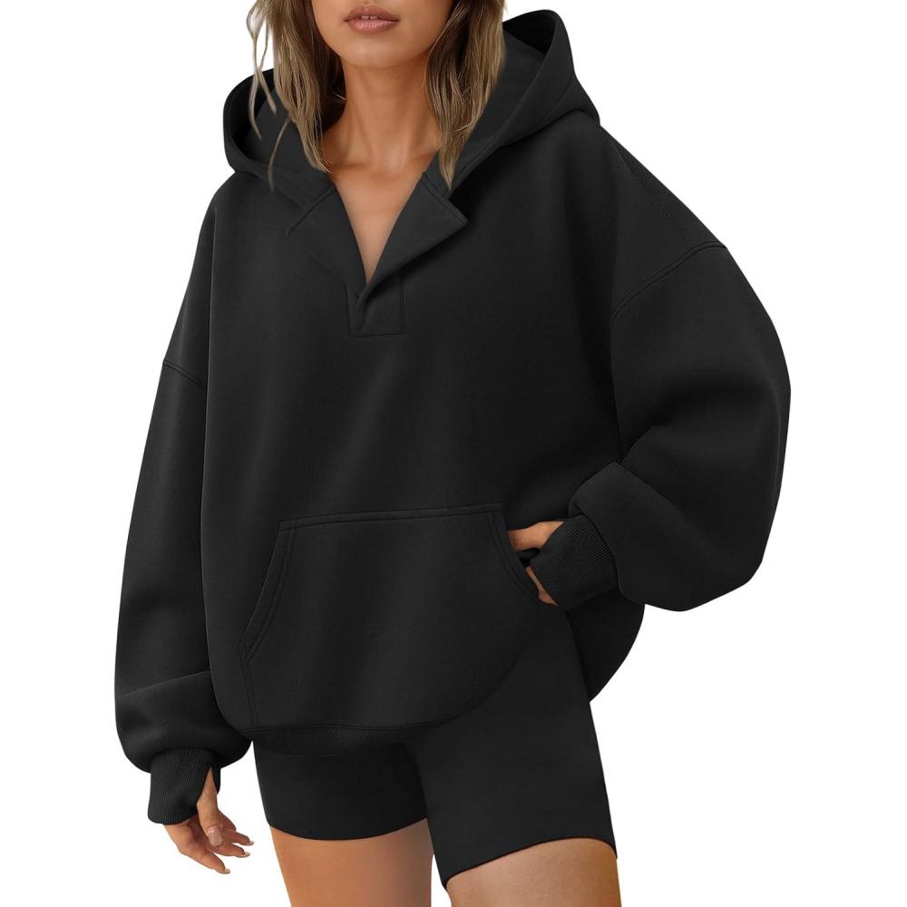 imageTrendy Queen Womens Oversized V Neck Hoodies with Thumb Hole Pullover Sweatshirts Y2k Clothes Fall Fashion Outfits 2025Black