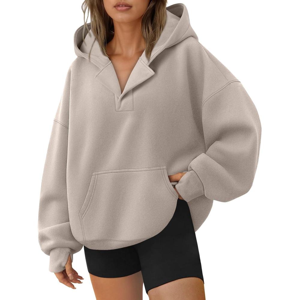 imageTrendy Queen Womens Oversized V Neck Hoodies with Thumb Hole Pullover Sweatshirts Y2k Clothes Fall Fashion Outfits 2025Coffeegrey