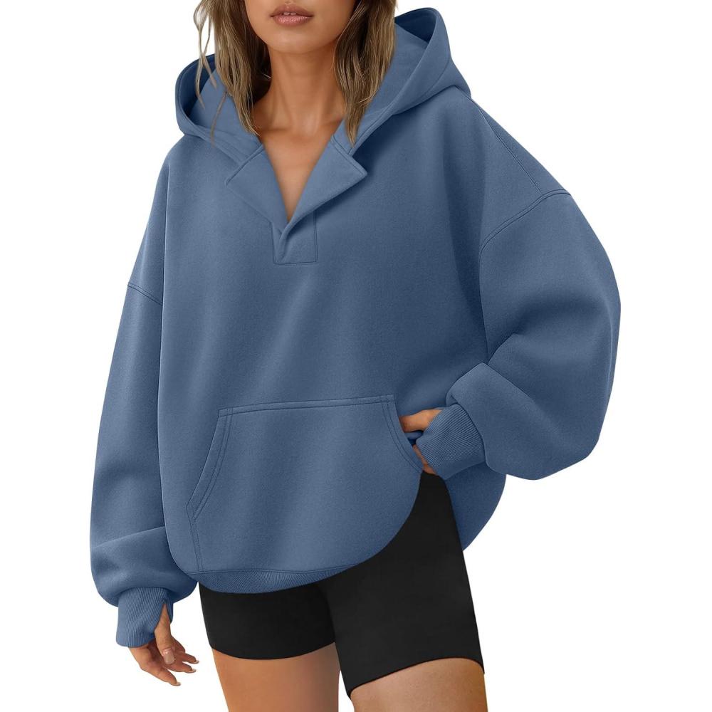 imageTrendy Queen Womens Oversized V Neck Hoodies with Thumb Hole Pullover Sweatshirts Y2k Clothes Fall Fashion Outfits 2025Dustyblue