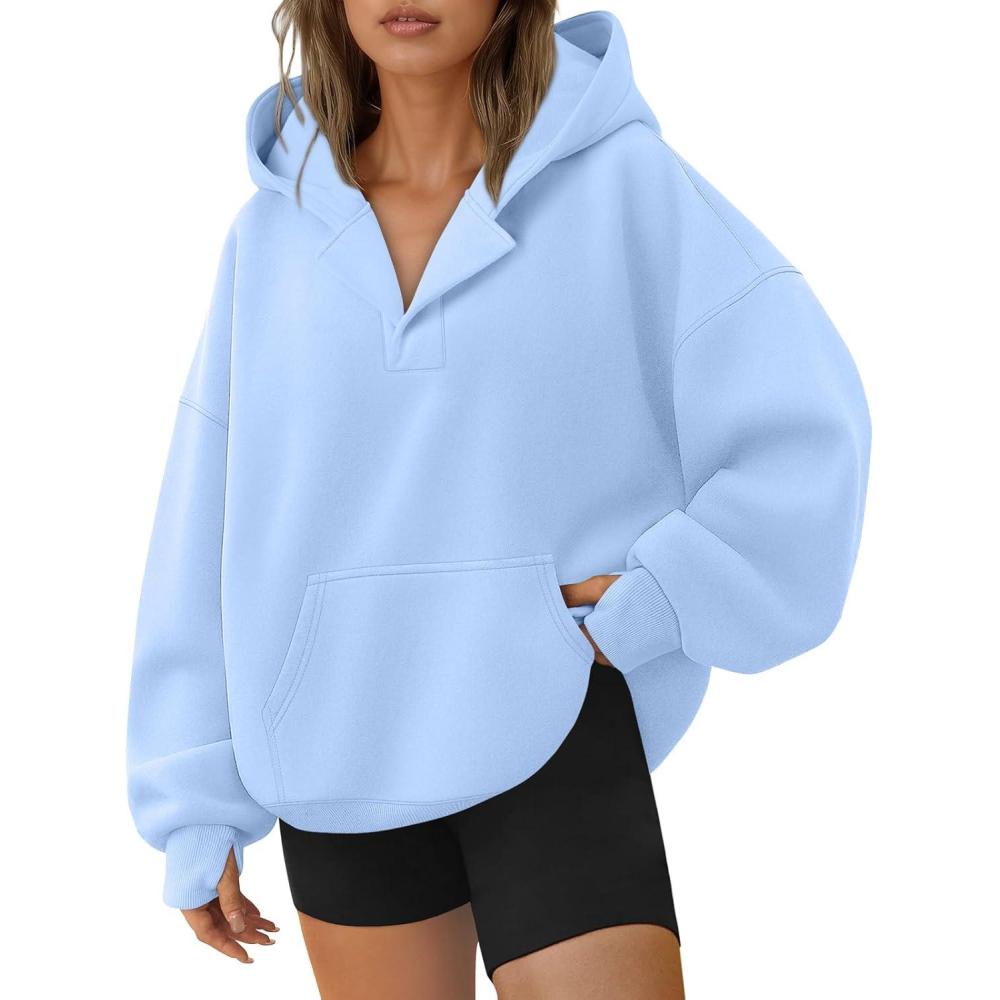 imageTrendy Queen Womens Oversized V Neck Hoodies with Thumb Hole Pullover Sweatshirts Y2k Clothes Fall Fashion Outfits 2025Skyblue