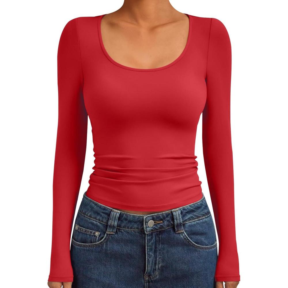 imageTrendy Queen Womens Scoop Neck Long Sleeve Shirts Skinny Going Out Crop Tops Cute Fall Fashion 2025 ClothesRed