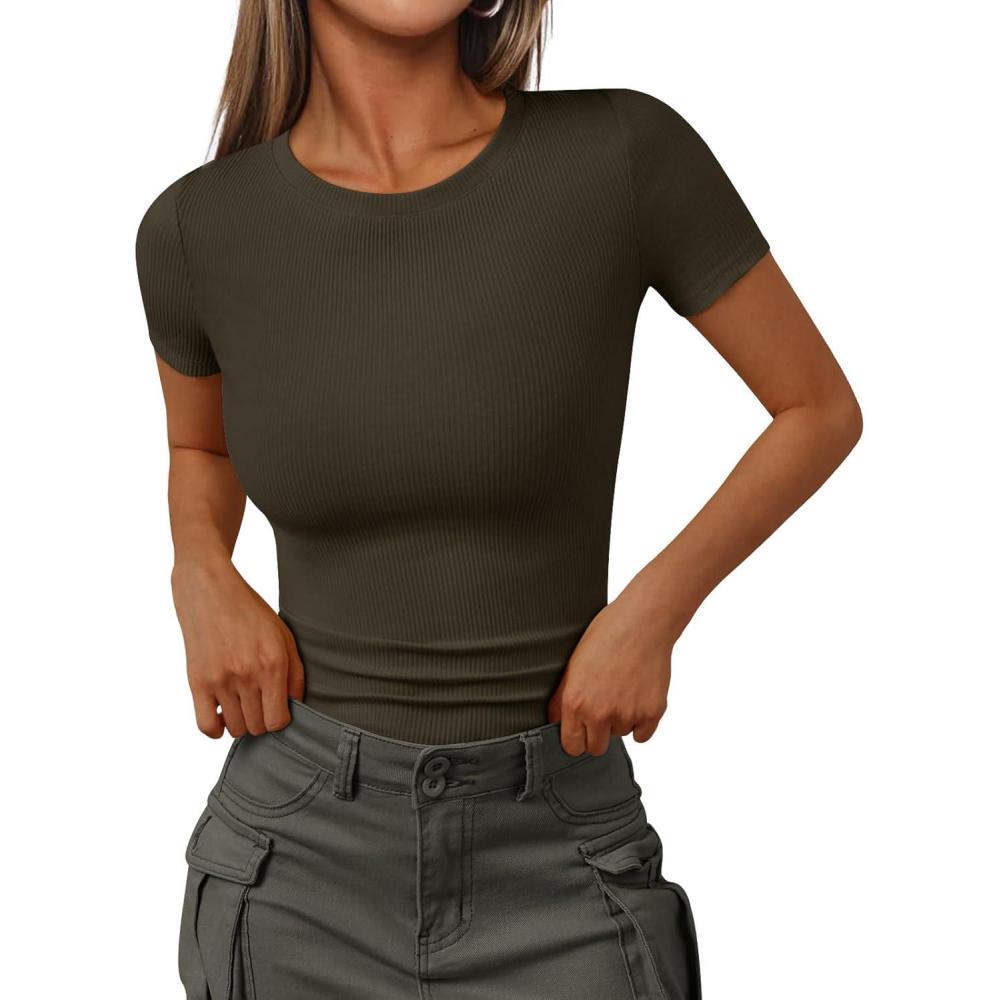 imageTrendy Queen Womens Short Sleeve Shirts Crewneck Ribbed Knit Slim Fitted TShirt Summer Basic Tee 2025 TopsArmy Green