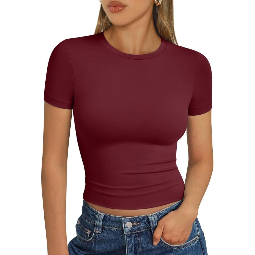imageTrendy Queen Womens Short Sleeve T Shirts Summer Crop Tops Basic Slim Fit Gym Workout Y2k ClothesBurgundy