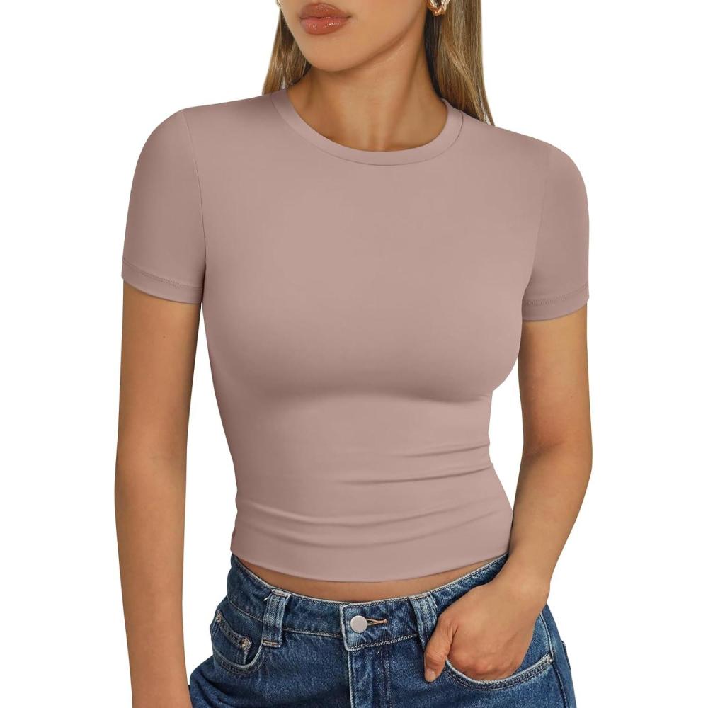 imageTrendy Queen Womens Short Sleeve T Shirts Summer Crop Tops Basic Slim Fit Gym Workout Y2k ClothesLatte