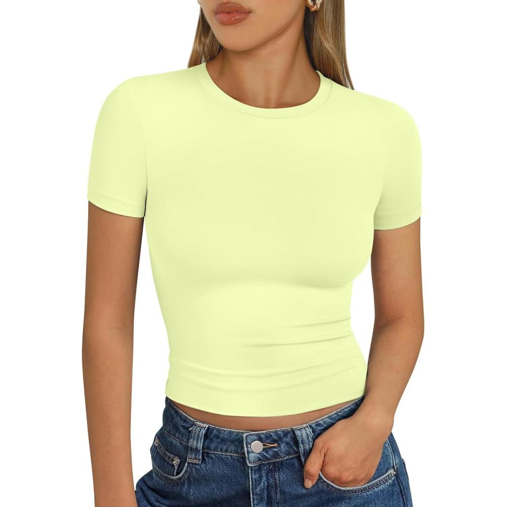 imageTrendy Queen Womens Short Sleeve T Shirts Summer Crop Tops Basic Slim Fit Gym Workout Y2k ClothesLime Green