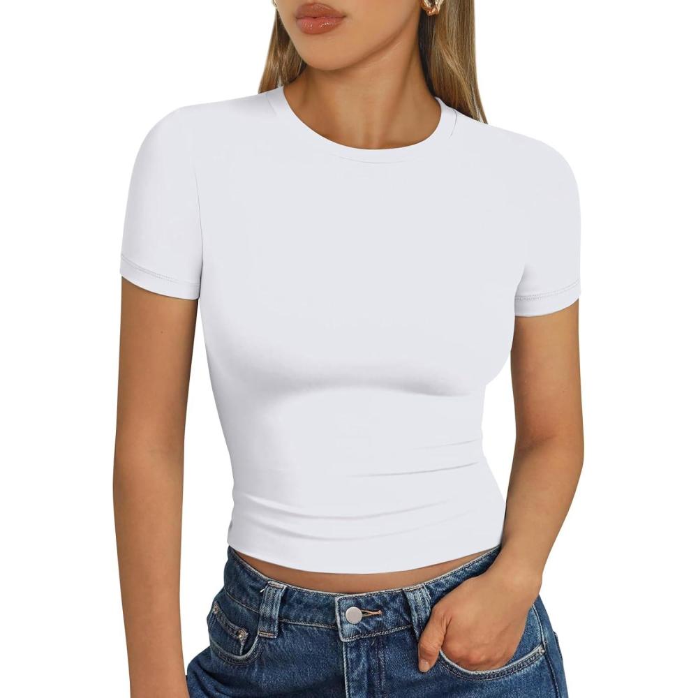imageTrendy Queen Womens Short Sleeve T Shirts Summer Crop Tops Basic Slim Fit Gym Workout Y2k ClothesWhite