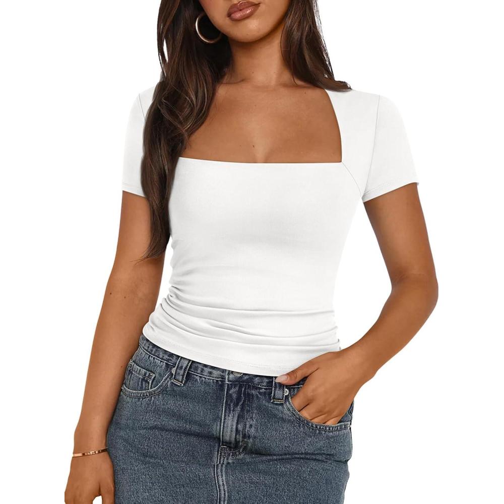 imageTrendy Queen Womens Square Neck Tops Short Sleeve Shirts Double Lined Workout Summer Clothes Casual Slim Fit TShirtsWhite