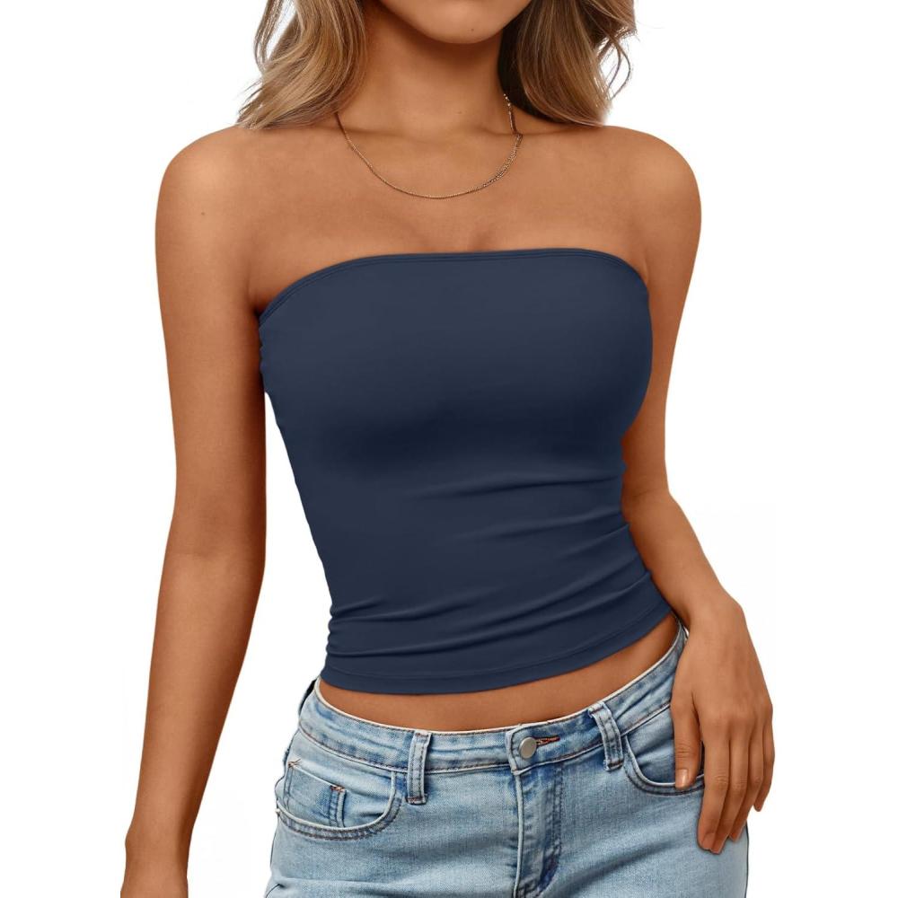 imageTrendy Queen Womens Strapless Tube Tops Basic Backless Sleeveless Bandeau Going Out Crop Tops Cute 2025 Summer ClothesNavy