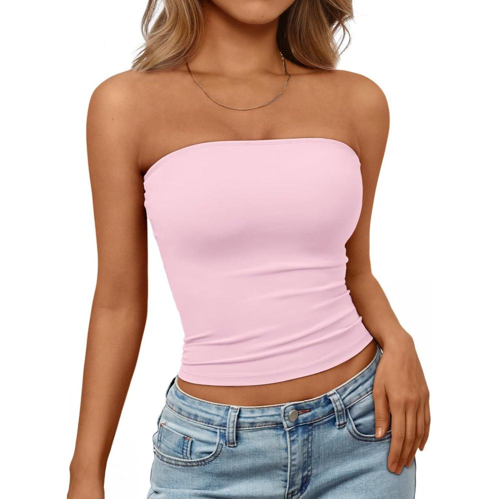 imageTrendy Queen Womens Strapless Tube Tops Basic Backless Sleeveless Bandeau Going Out Crop Tops Cute 2025 Summer ClothesPink