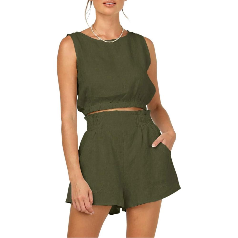 imageTrendy Queen Womens Summer 2 Piece Outfits Short Sets Matching Sleeveless Tank Top High Waisted Shorts with PocketsArmygreen