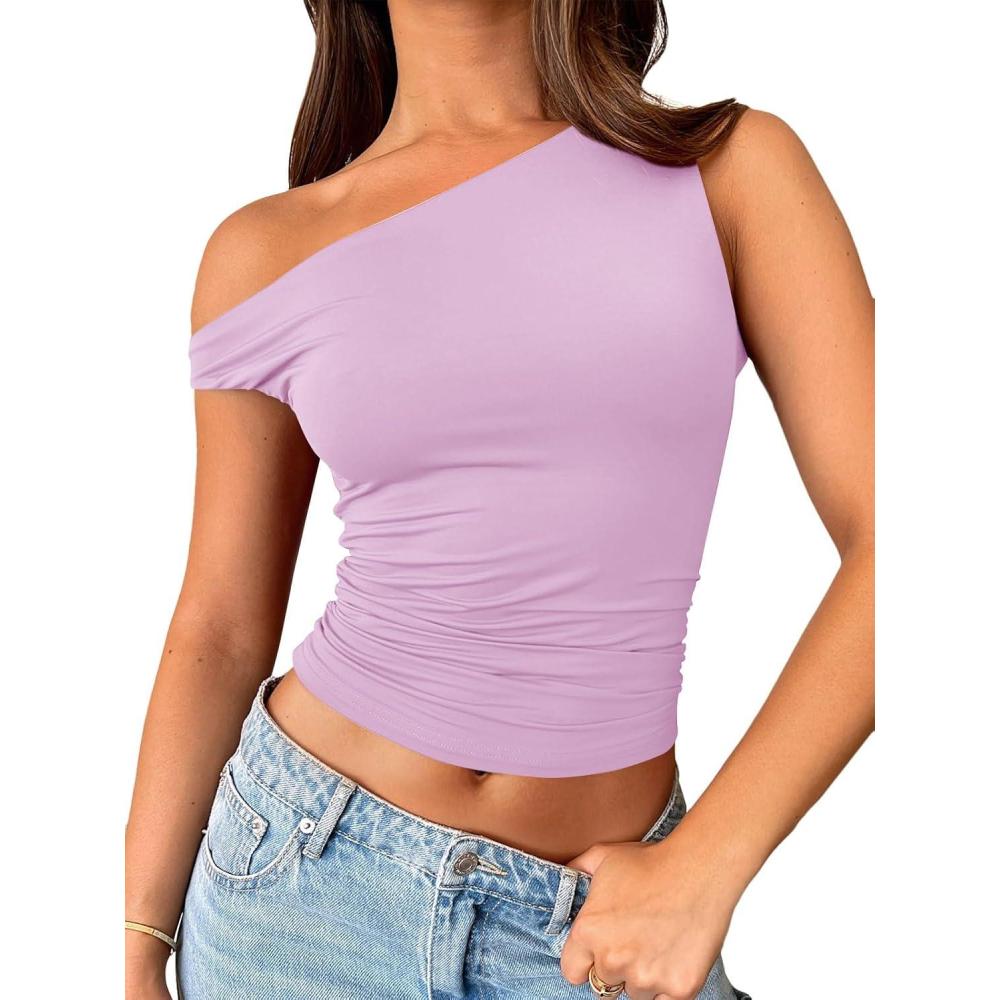 imageTrendy Queen Womens Summer Off The Shoulder Tops Going Out T Shirts Crop Tank Top Fashion Clothes Spring Outfits 2025Purple