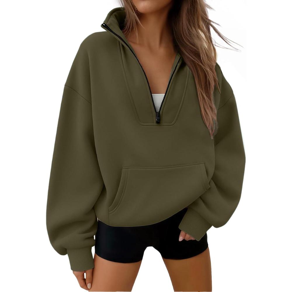 imageTrendy Queen Womens Sweatshirts Quarter Half Zip Pullover Oversized Hoodies Fall Fashion 2025 Winter Fleece Jackets SweatersArmy Green