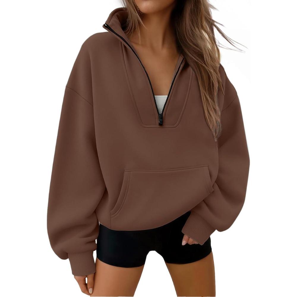 imageTrendy Queen Womens Sweatshirts Quarter Half Zip Pullover Oversized Hoodies Fall Fashion 2025 Winter Fleece Jackets SweatersBrown