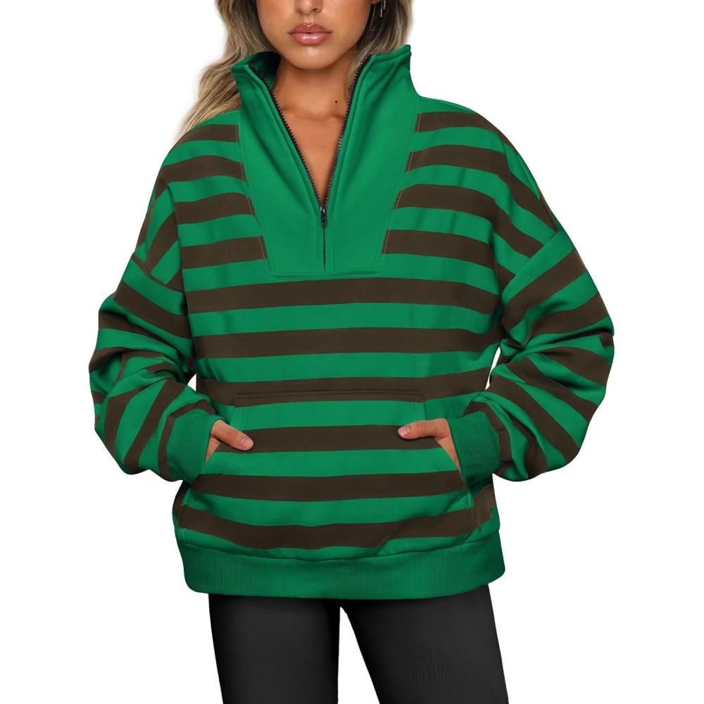 imageTrendy Queen Womens Sweatshirts Quarter Half Zip Pullover Oversized Hoodies Fall Fashion 2025 Winter Fleece Jackets SweatersCoffee and Green