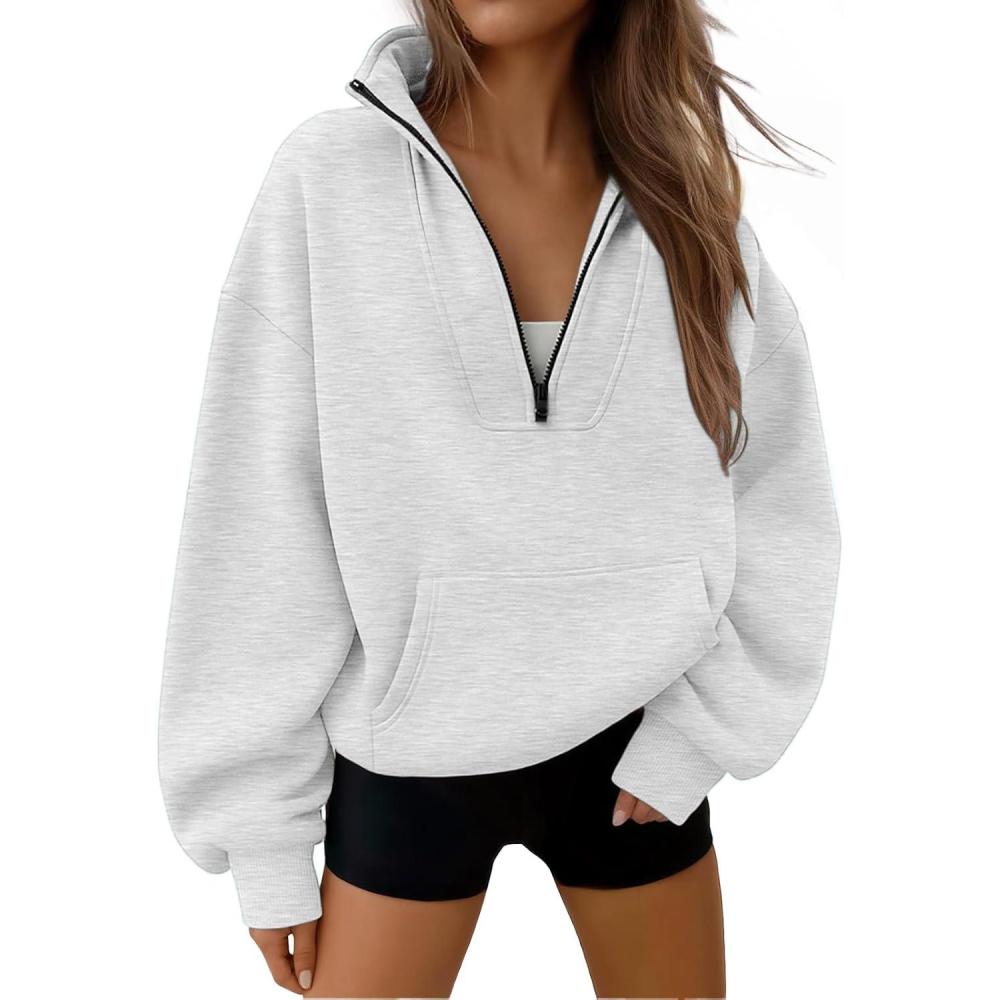 imageTrendy Queen Womens Sweatshirts Quarter Half Zip Pullover Oversized Hoodies Fall Fashion 2025 Winter Fleece Jackets SweatersGrey
