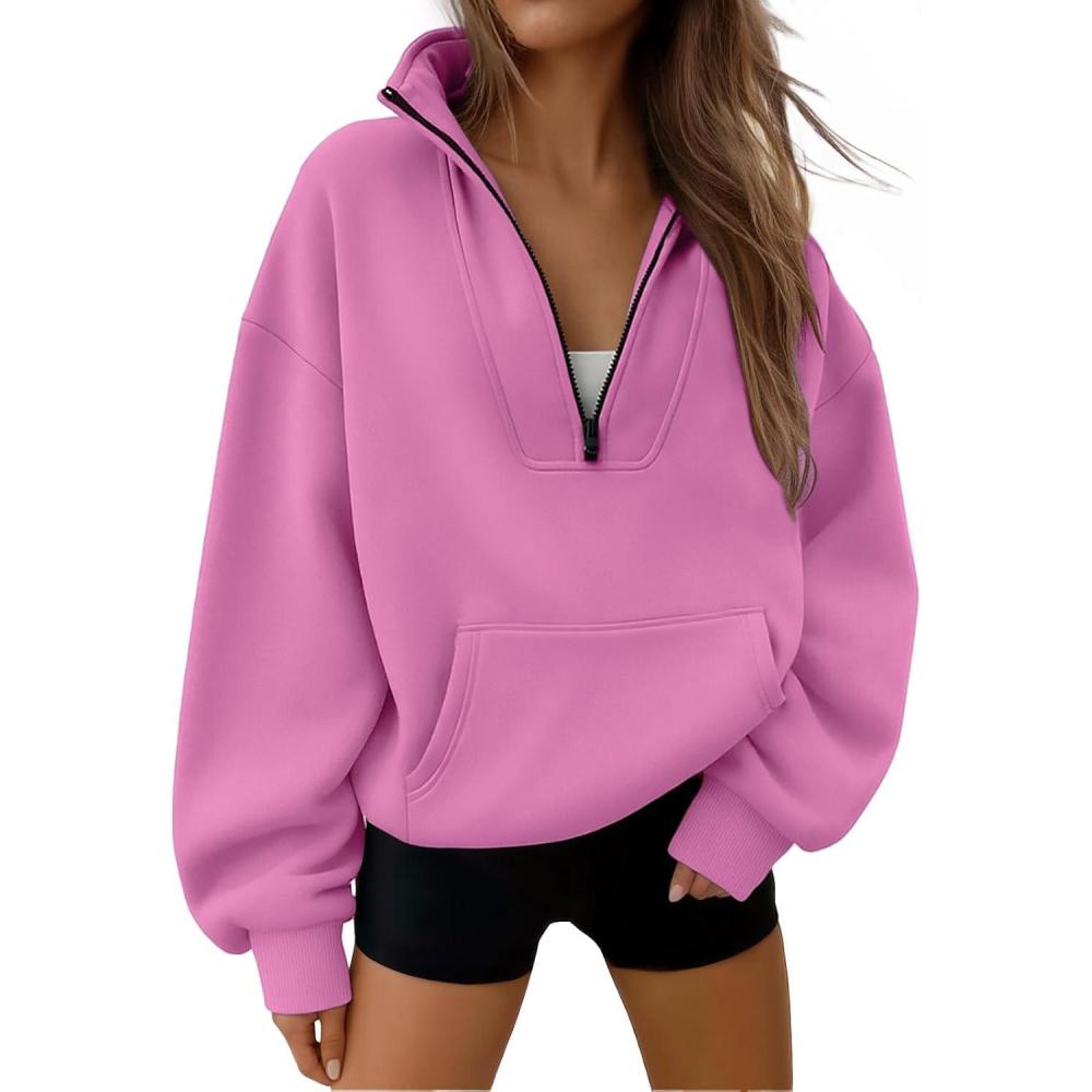 imageTrendy Queen Womens Sweatshirts Quarter Half Zip Pullover Oversized Hoodies Fall Fashion 2025 Winter Fleece Jackets SweatersHotpink