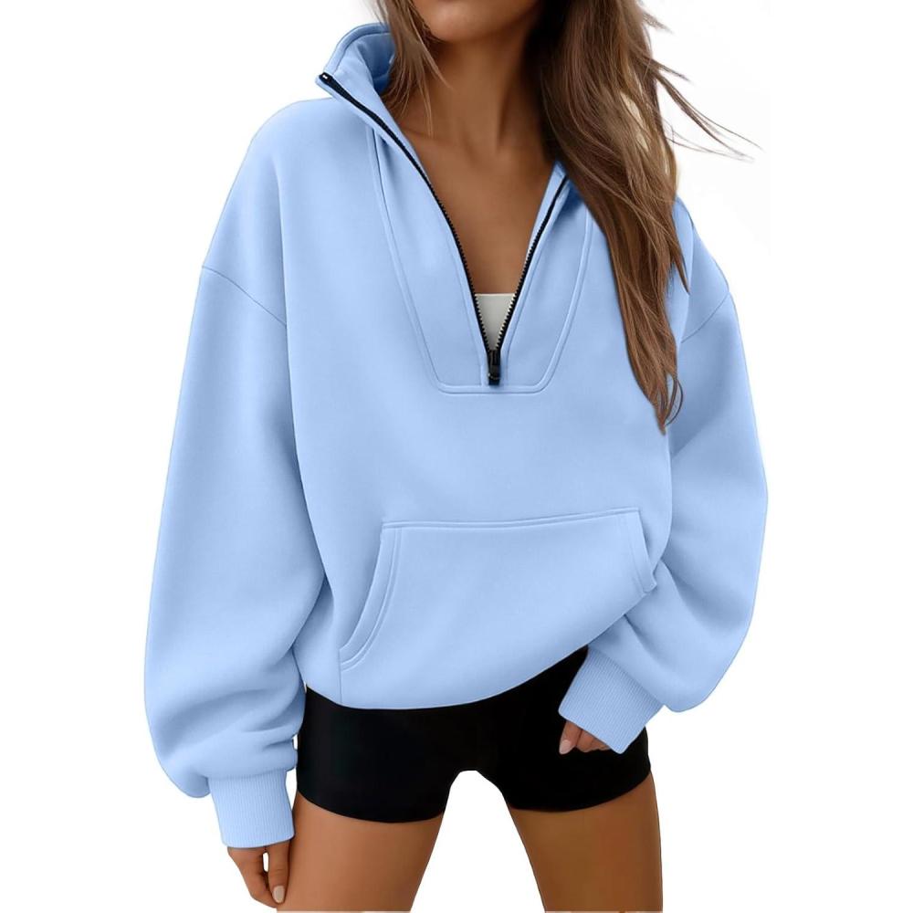 imageTrendy Queen Womens Sweatshirts Quarter Half Zip Pullover Oversized Hoodies Fall Fashion 2025 Winter Fleece Jackets SweatersLightblue