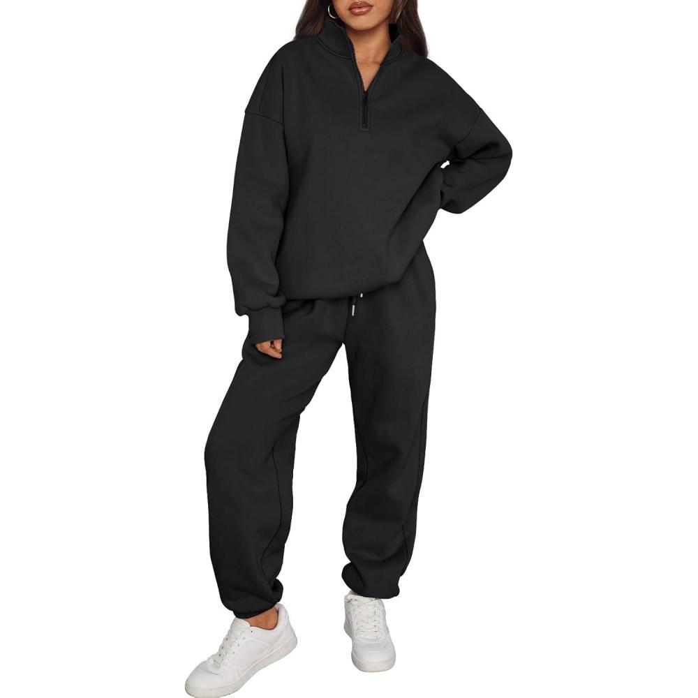 imageTrendy Queen Womens Sweatsuits 2 Piece Outfits Fall Lounge Sweat Sets Half Zip Sweatshirts with Baggy SweatpantsBlack