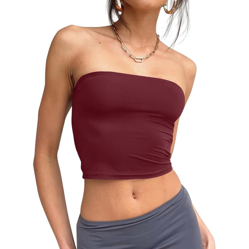 imageTrendy Queen Womens Tube Tops Strapless Crop Tops Basic Backless Sleeveless Bandeau Going Out Cute 2025 Summer OutfitsBurgundy