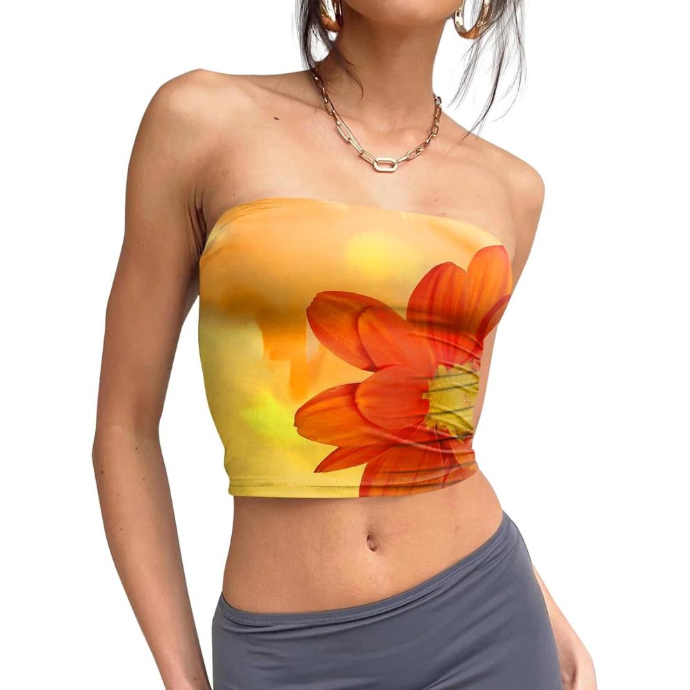 imageTrendy Queen Womens Tube Tops Strapless Crop Tops Basic Backless Sleeveless Bandeau Going Out Cute 2025 Summer OutfitsFloralorange